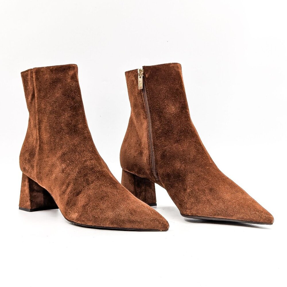 AGL Women Notch Camel Brown Suede Pointy Zip Ankle Boots size 12.5 EUR43
